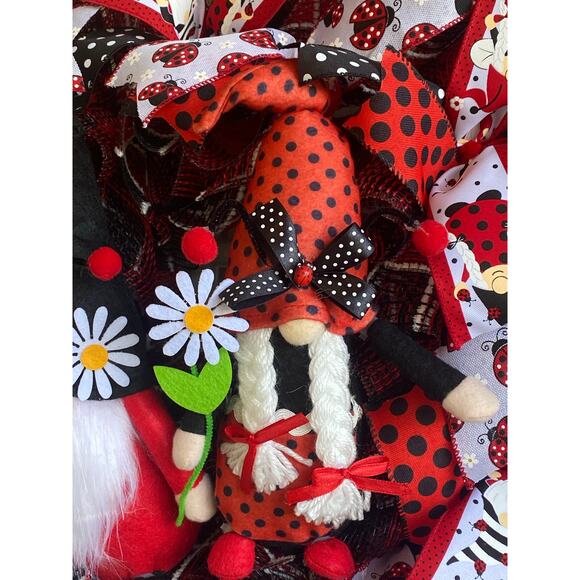 Ladybug Gnome Wreath Red Black White Mesh Polka Dot Door Decor Spring Summer 24” - Picture 3 of 7